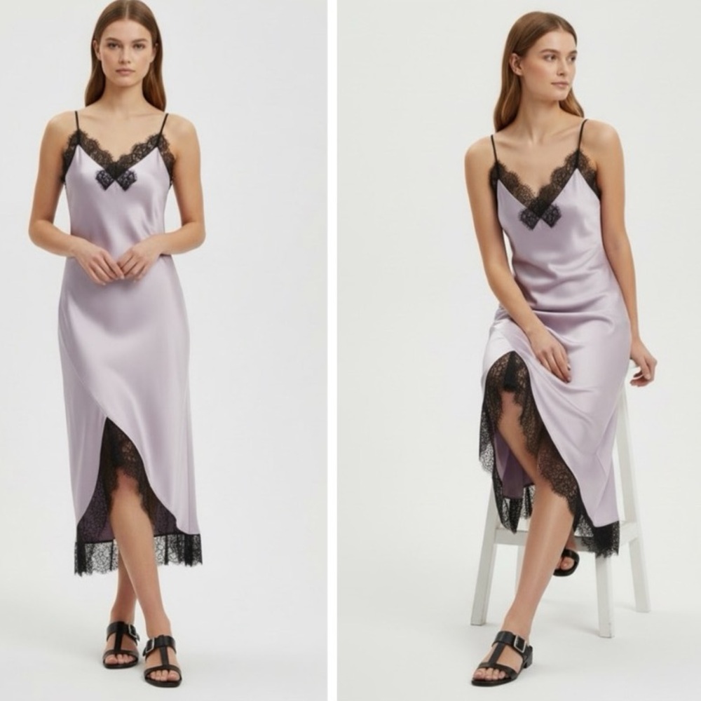NWT All Saints Praia Satin Lace-Trimmed Slip MIDI Dress in Violet Purple Size 8